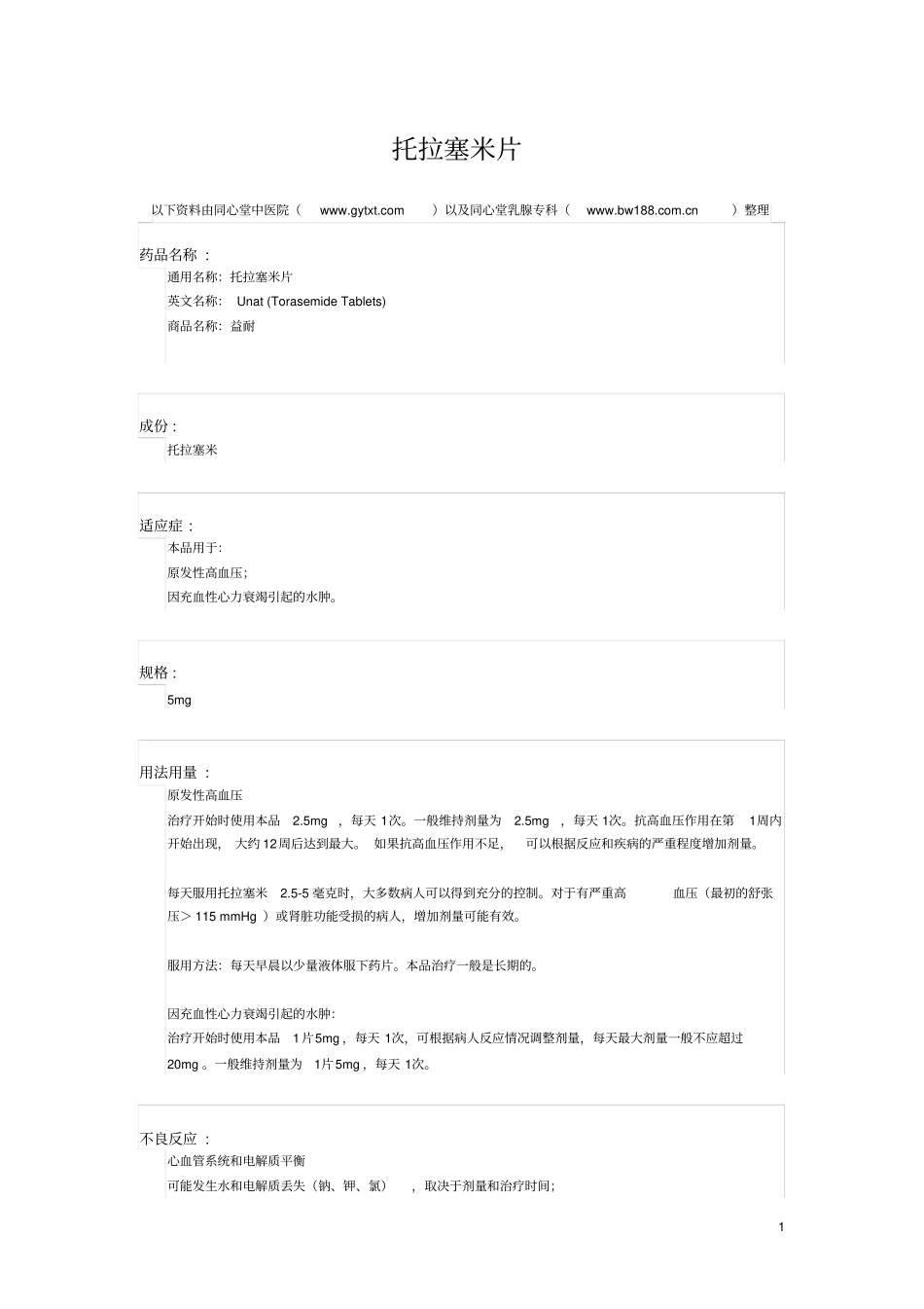 原发性高血压常见药物——托拉塞米片药物解析_第1页