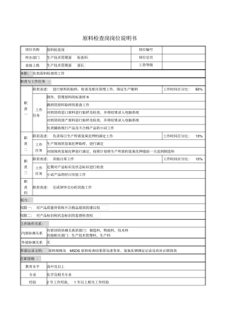 原料检查岗岗位说明书
