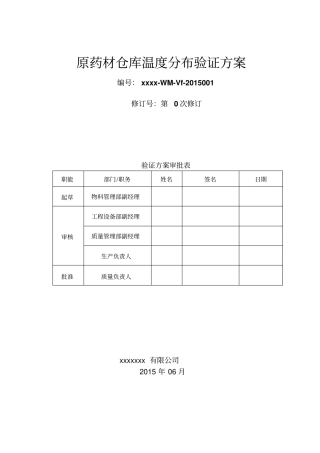 原药材仓库温度分布验证的方案Txx-WM-Vf-2015001