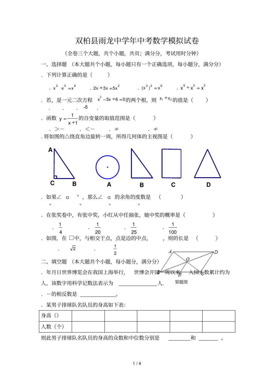 双柏雨龙中学中考数学模拟试卷_第1页