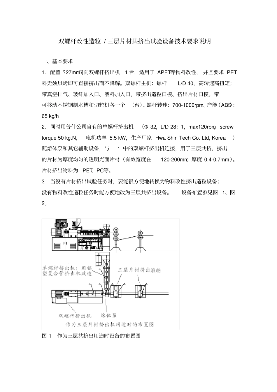 双螺杆改性造粒三层片材共挤出试验设备技术要求说明_第1页