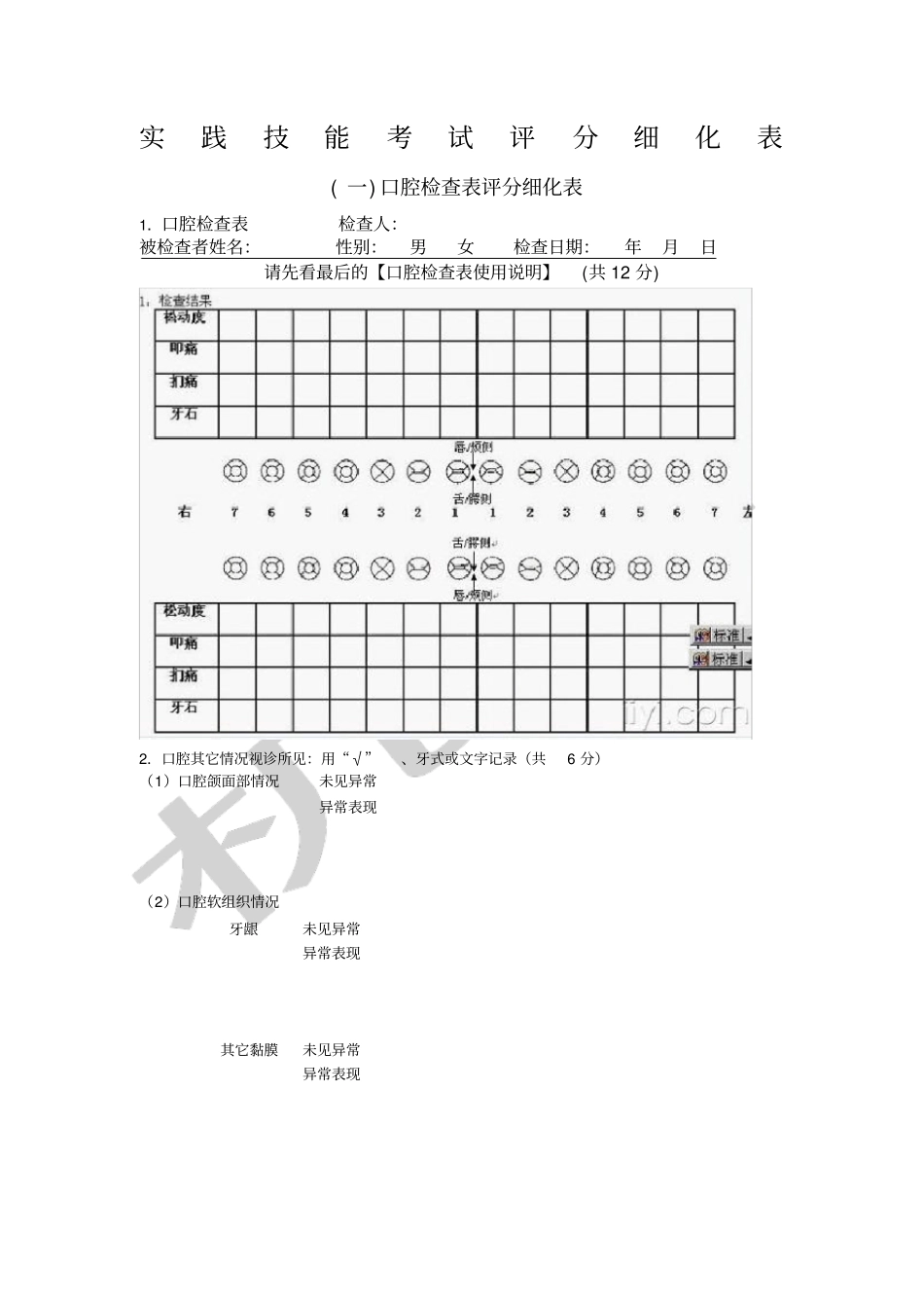 口腔执业医师实践技能考试评分标准细化表考官用表_第1页