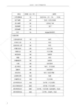 口腔科收费标准实用排版