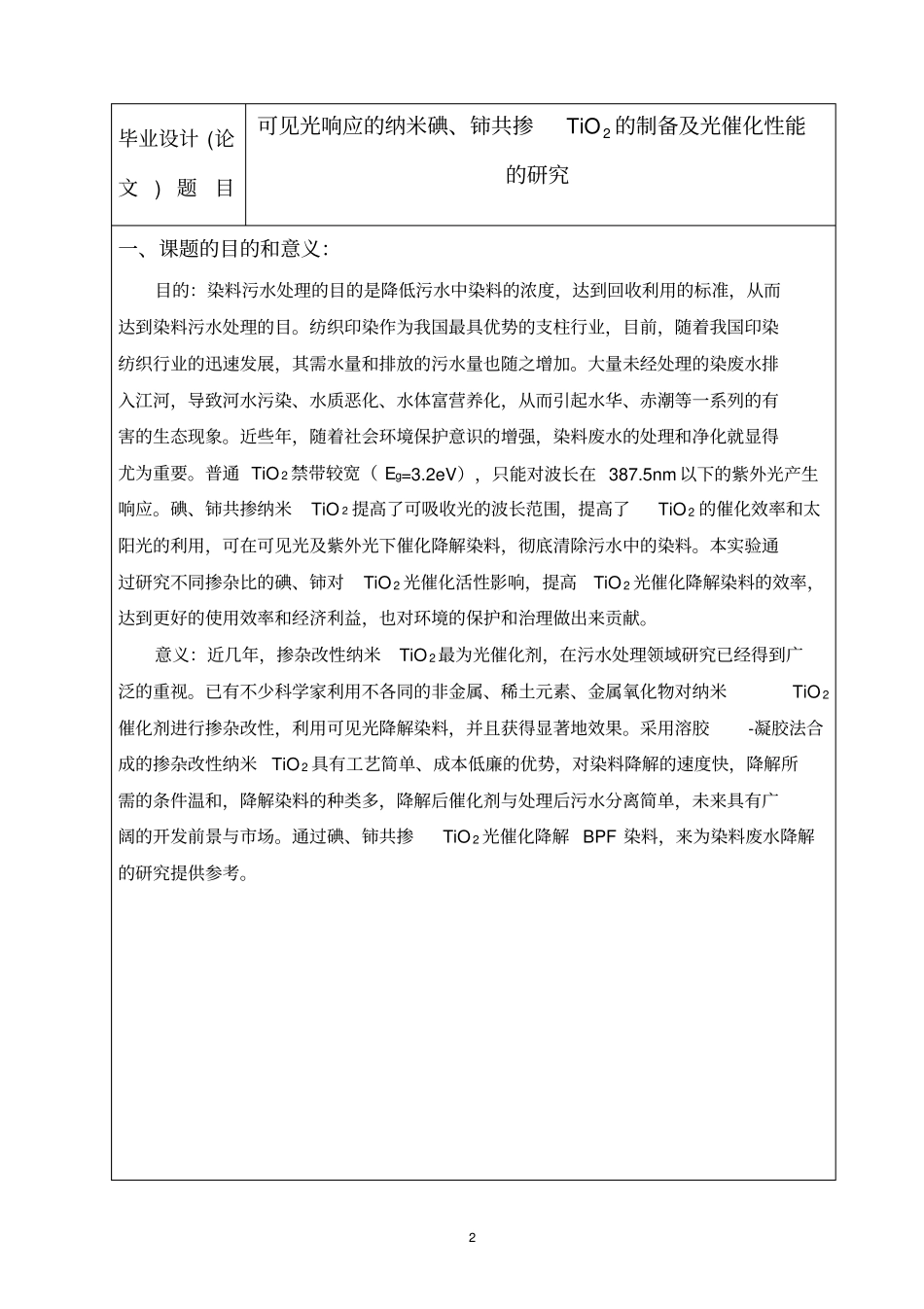 可见光响应的纳米碘铈共掺TiO2的制备及光催化性能的研究毕业论文开题报告_第2页