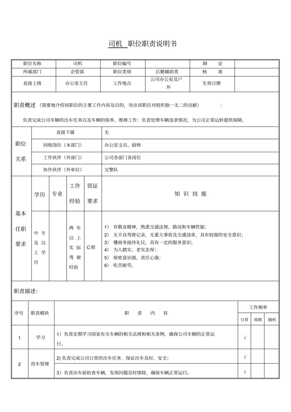 司机职位职责说明书_第1页