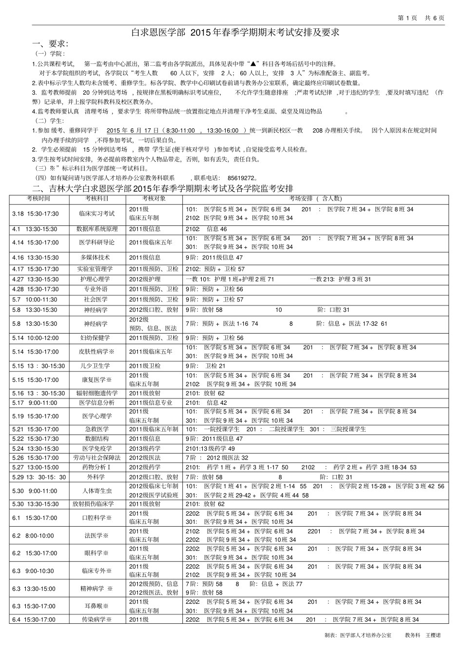 吉林大学白求恩医学部2015年春季学期期末考试安排及要求10_第1页