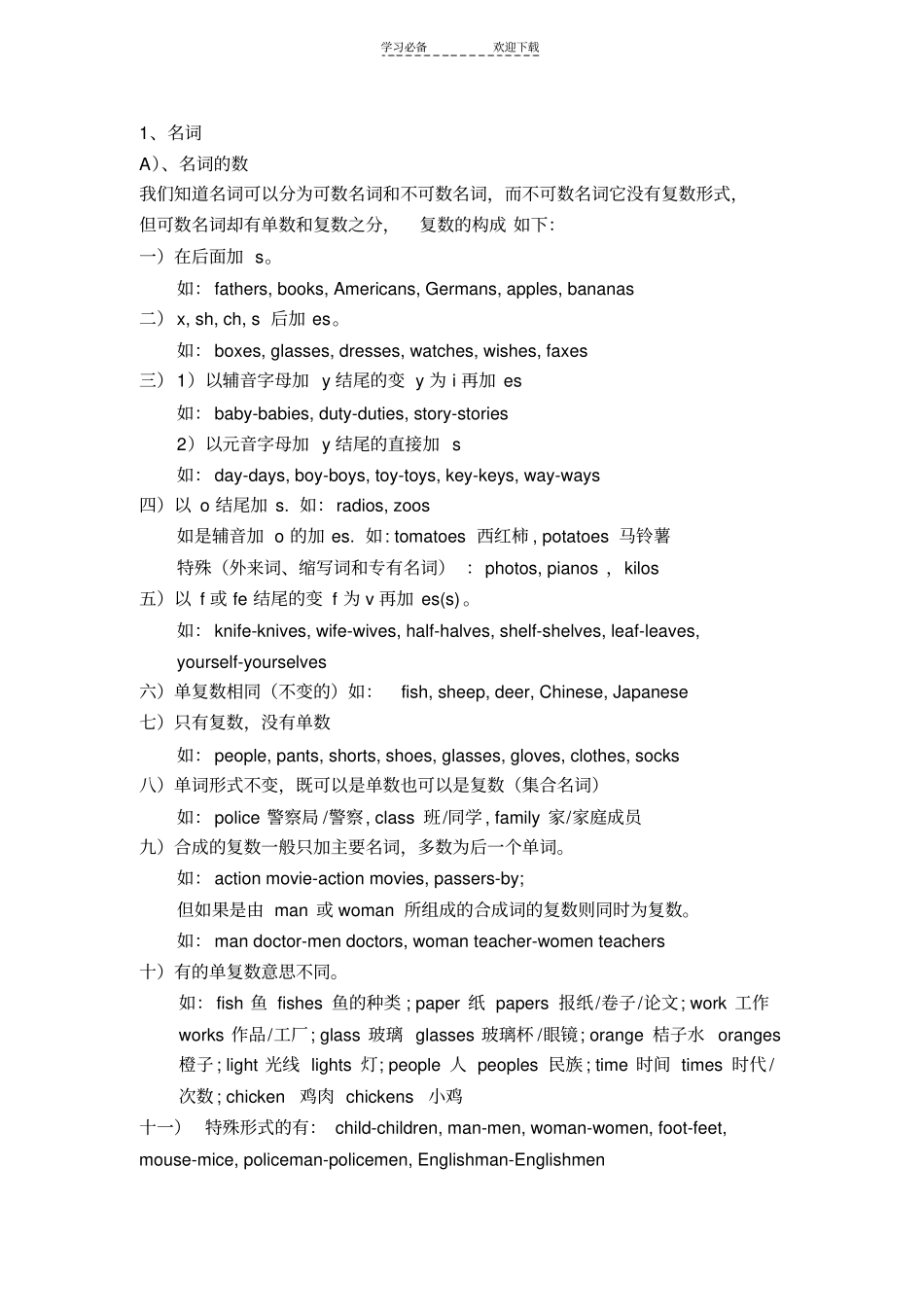 名词、动词变化总结+练习_第1页