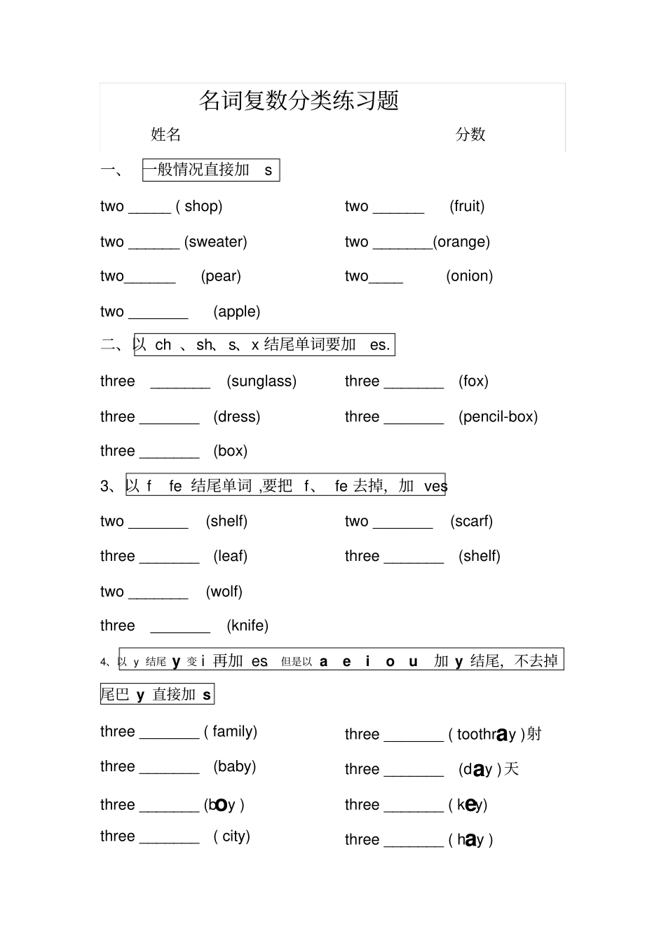 名词复数分类练习题_第1页