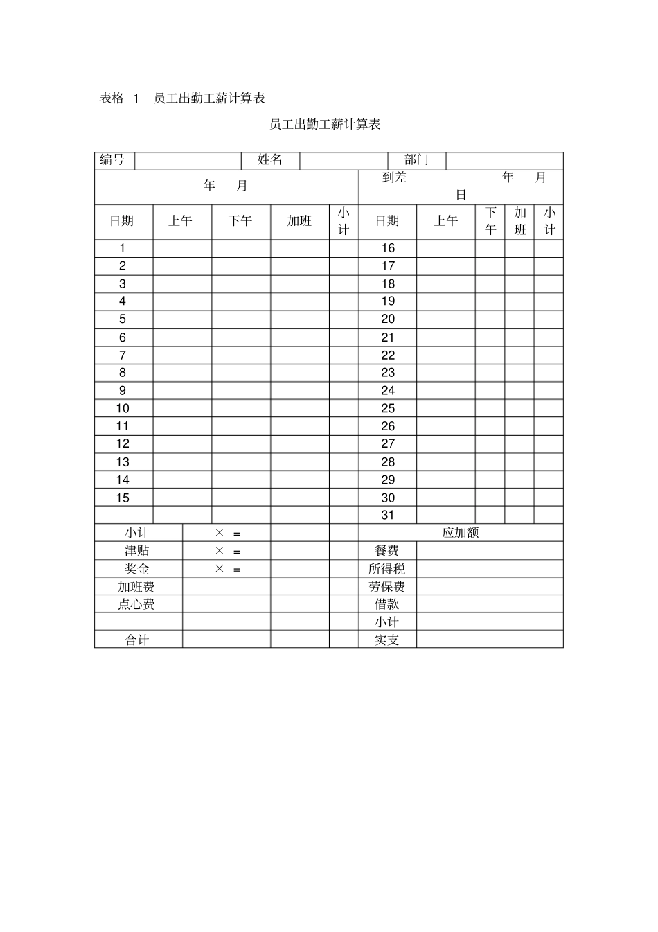 员工出勤工薪计算表_第1页