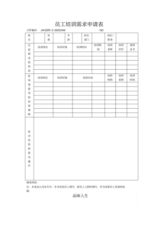 员工培训需求申请表
