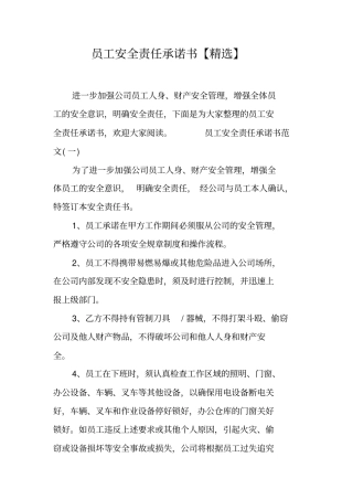 员工安全责任承诺书【精选】工作范文