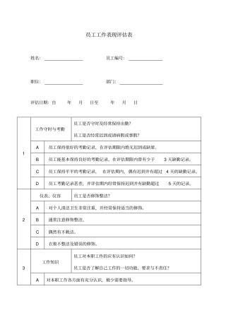 员工工作表现评价表