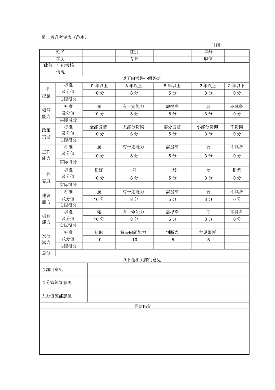 员工晋升考评表范本_第1页