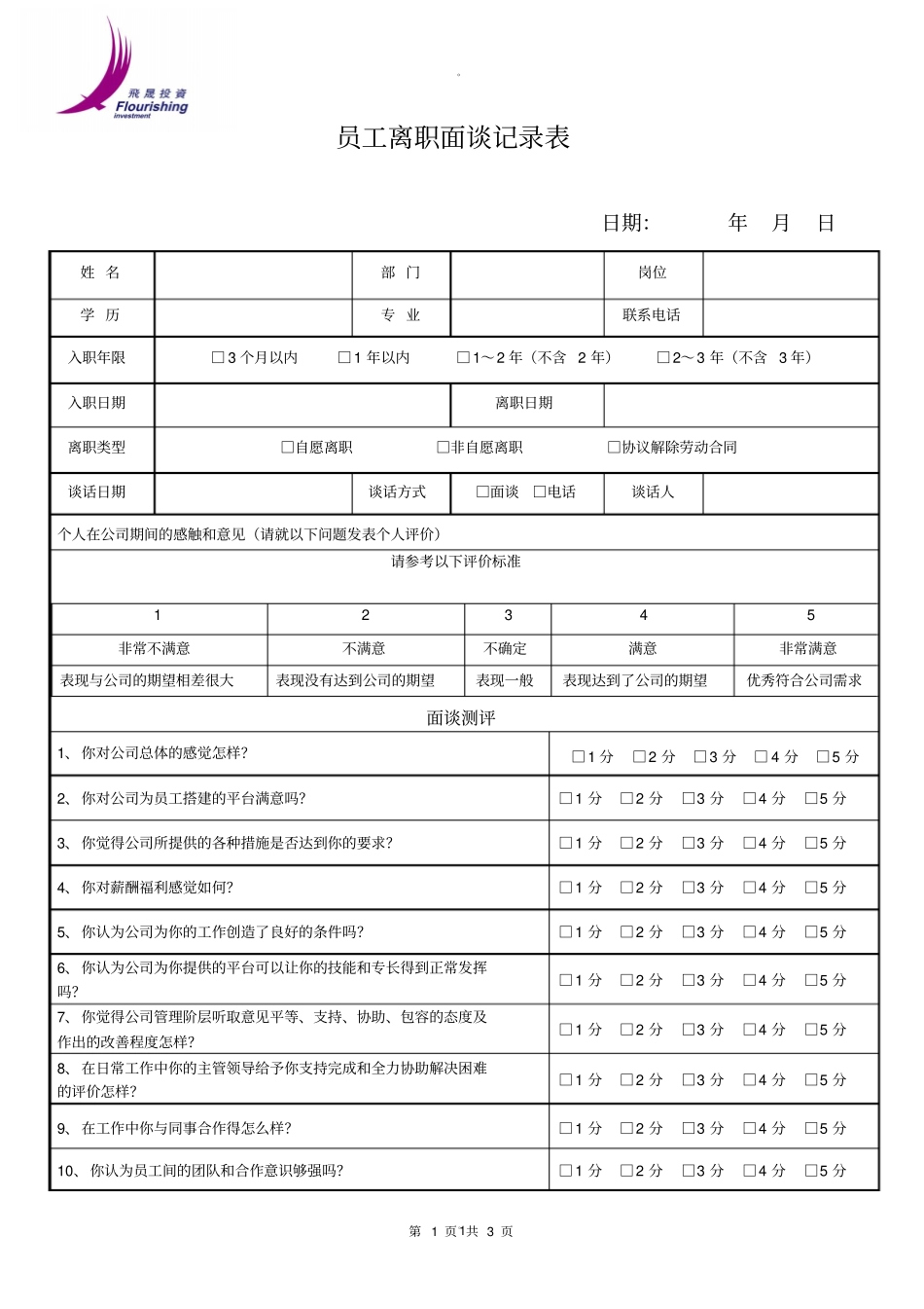 员工离职面谈记录表试用版本_第1页