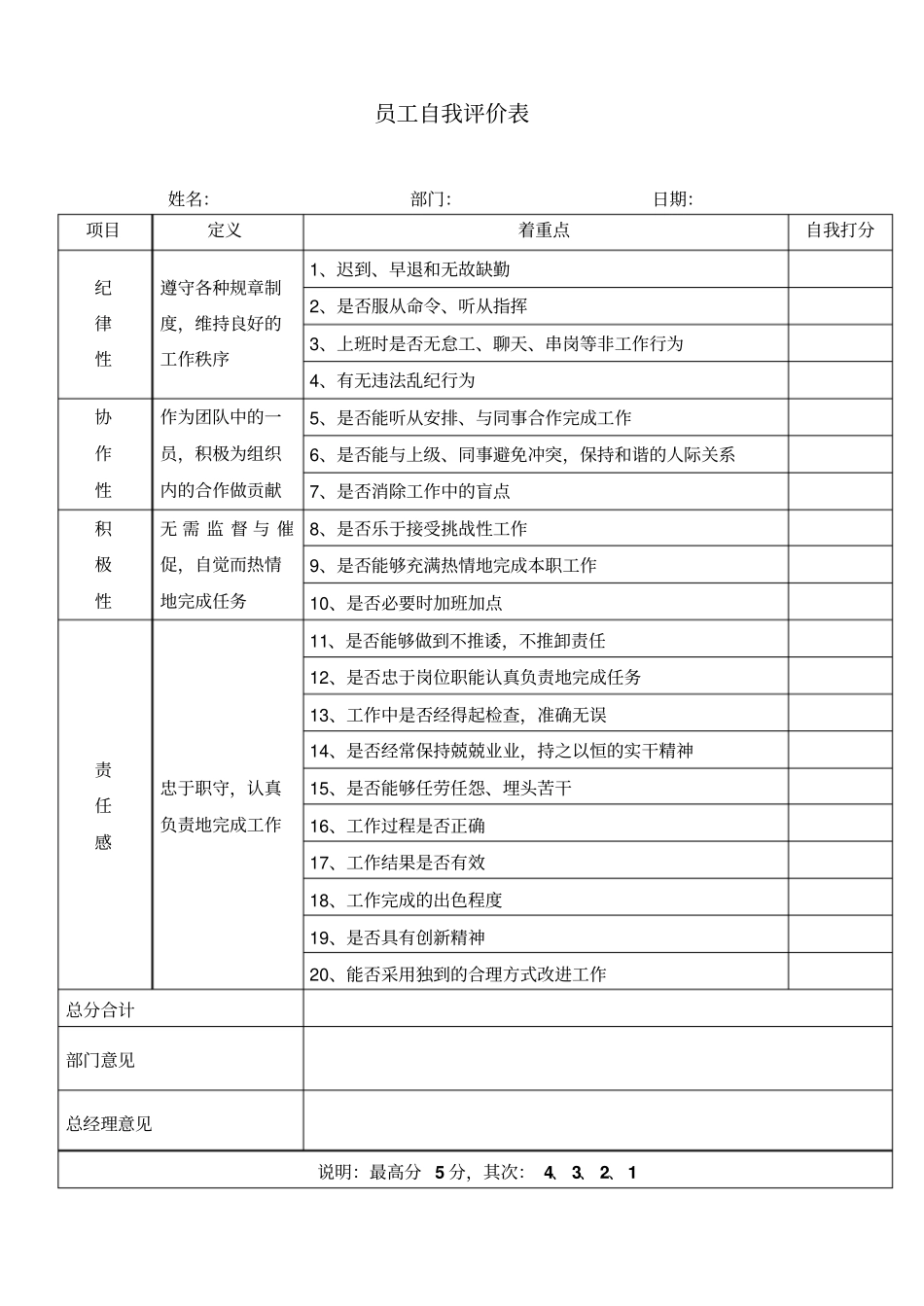 员工自我评价表_第1页