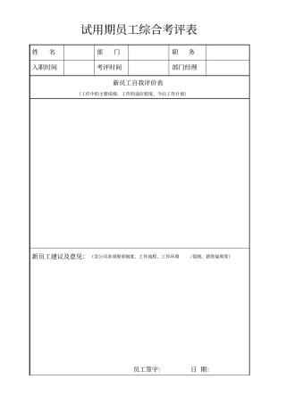 员工试用期考评表模板中层以下