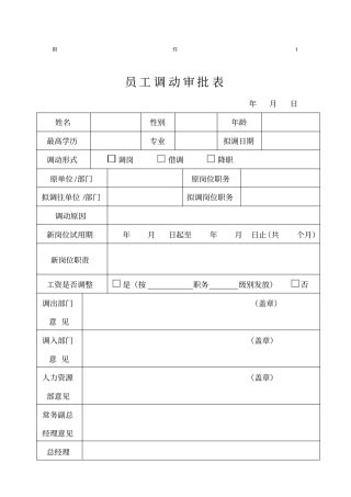 员工调动审批表