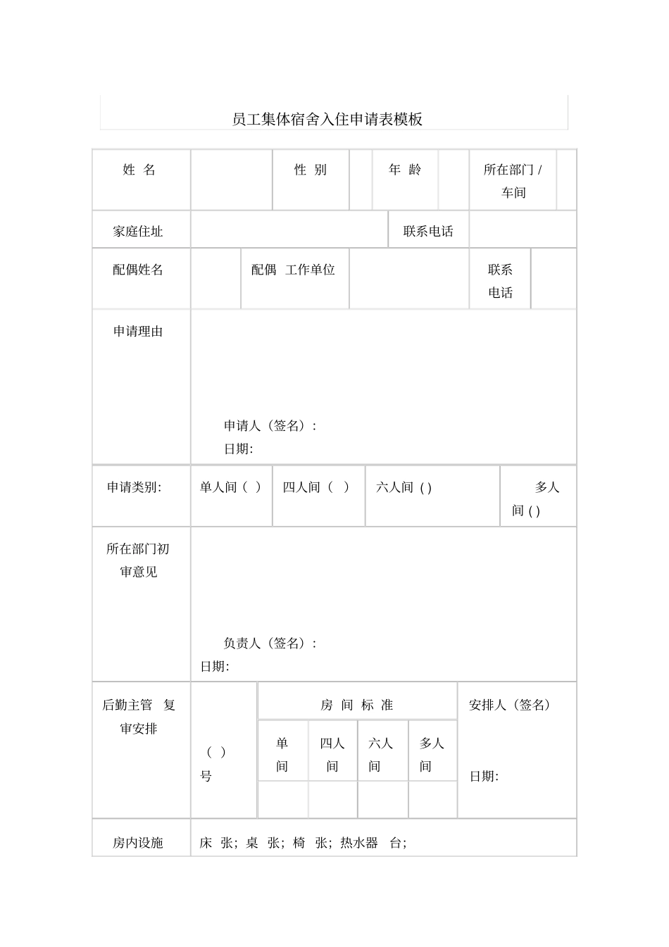 员工集体宿舍入住申请表模板_第1页