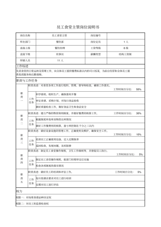 员工食堂主管岗位说明书
