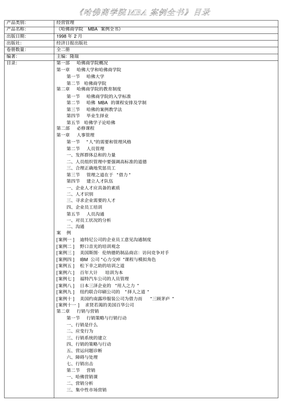 哈佛商学院MBA案例全书目录_第1页