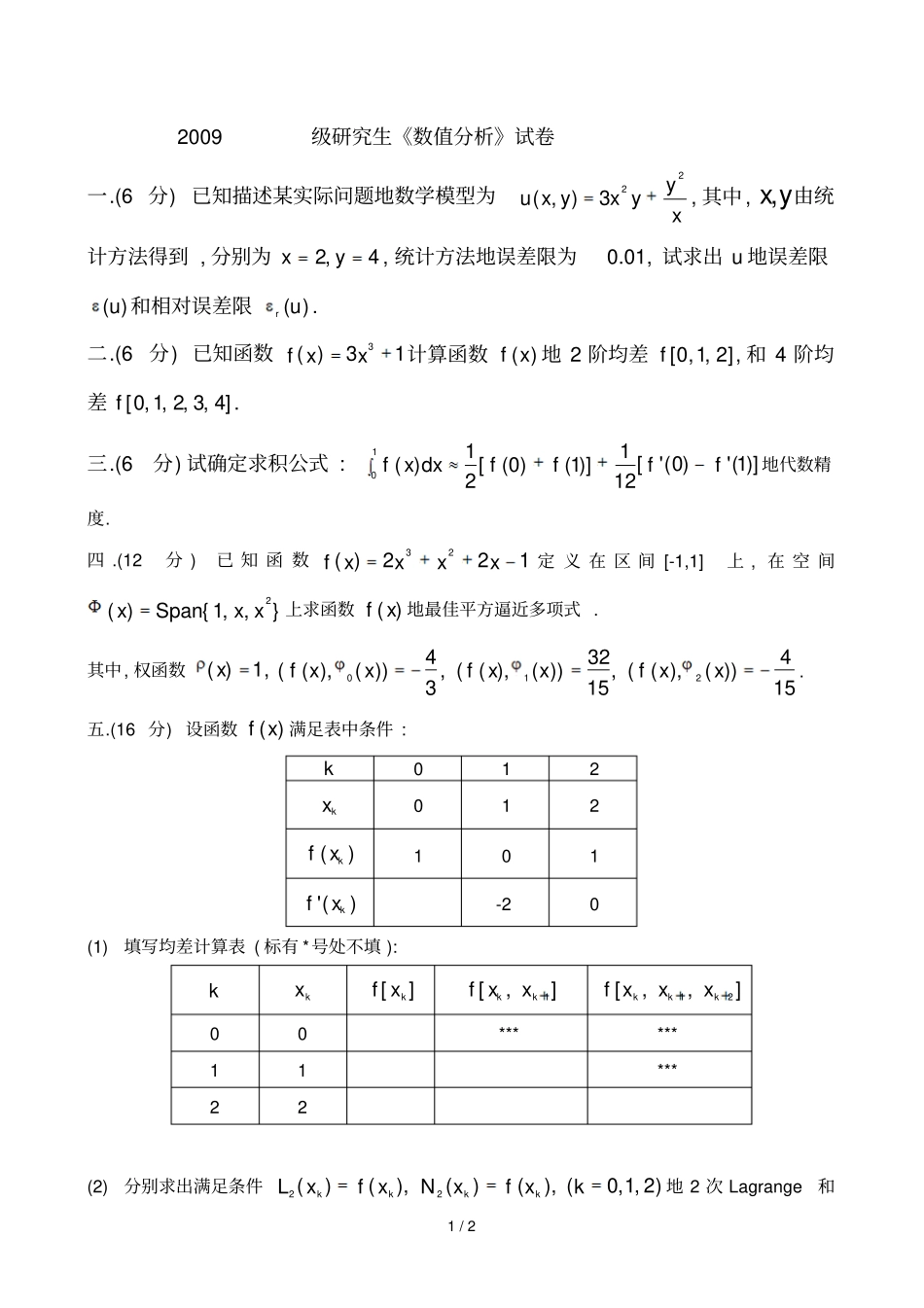 哈工大研究生数值分析试卷_第1页