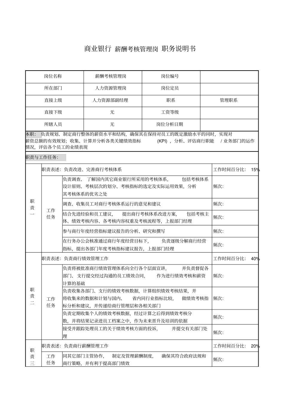 商业银行薪酬考核管理岗职务说明_第1页
