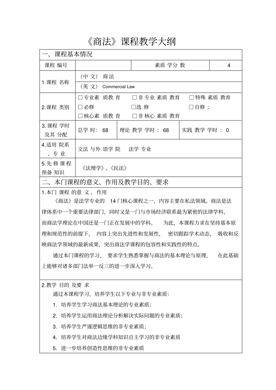 商法课程教学大纲_第1页
