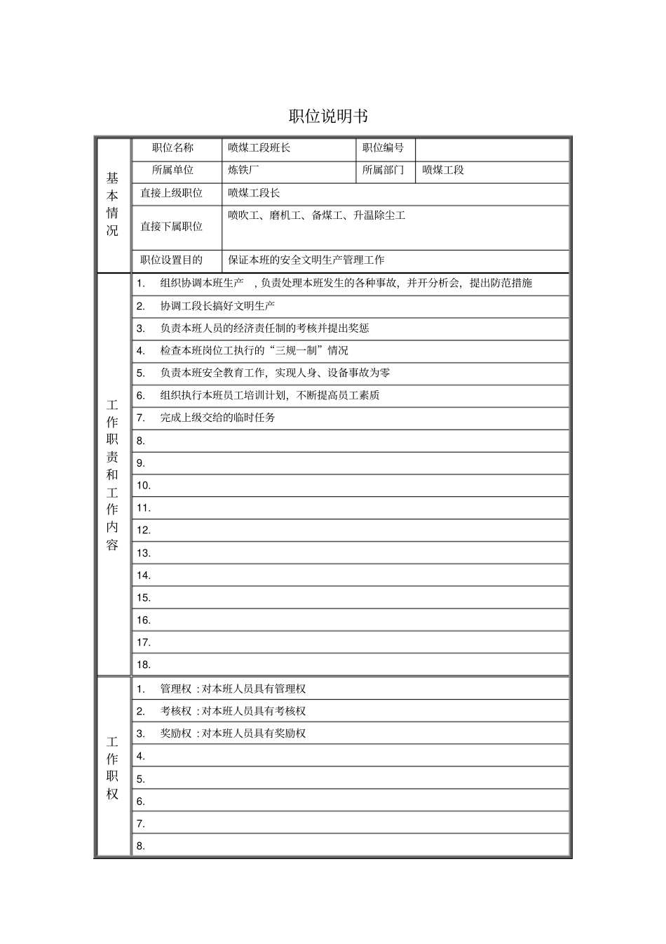 喷煤工段班长岗位说明书_第1页