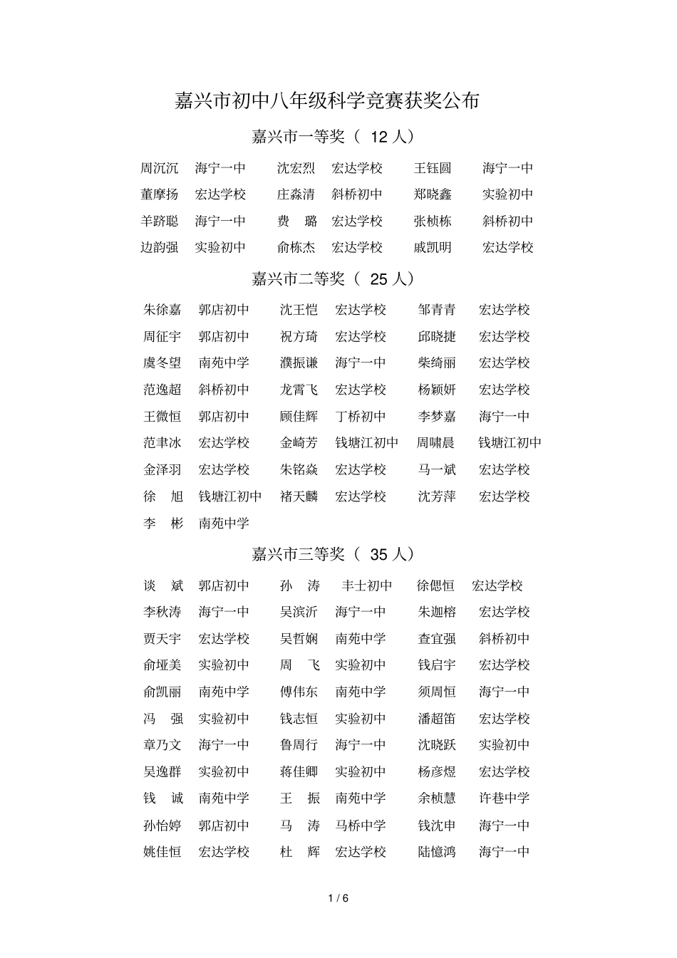 嘉兴初中八级科学竞赛获奖公布_第1页
