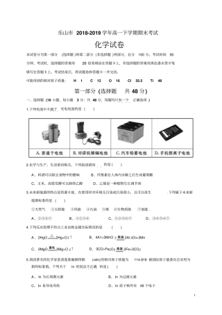 四川乐山2018-2019学年高一下学期期末教学质量检测化学试题及参考答案