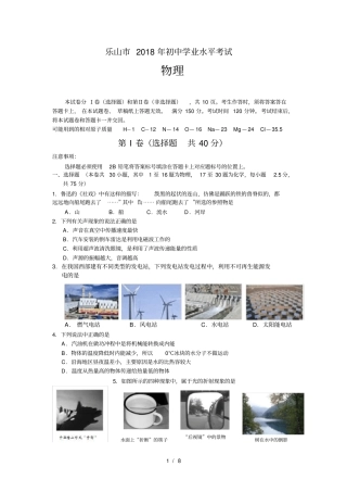 四川乐山2018年中考物理试题及答案版