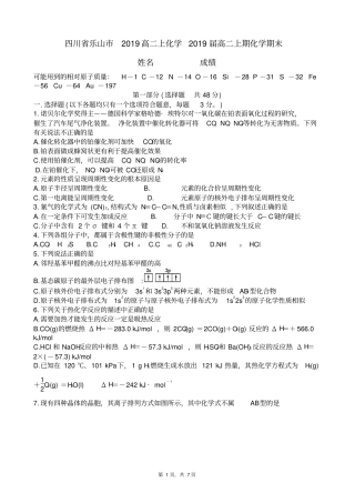 四川乐山2019高二上化学2019届高二上期化学期末版