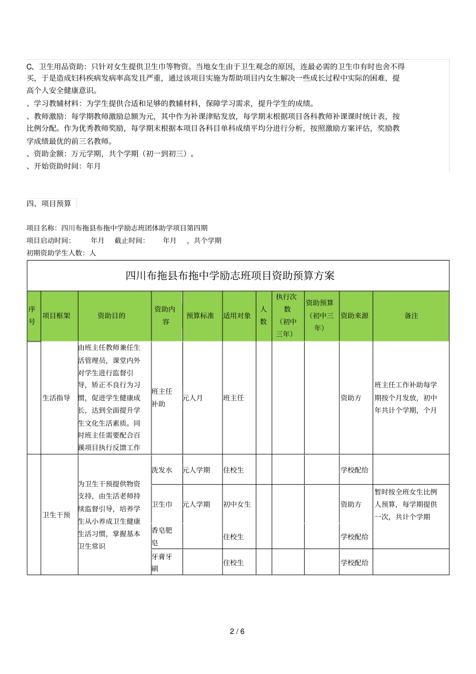 四川布拖布拖中学励志班第四期团体资助项目计划书_第2页