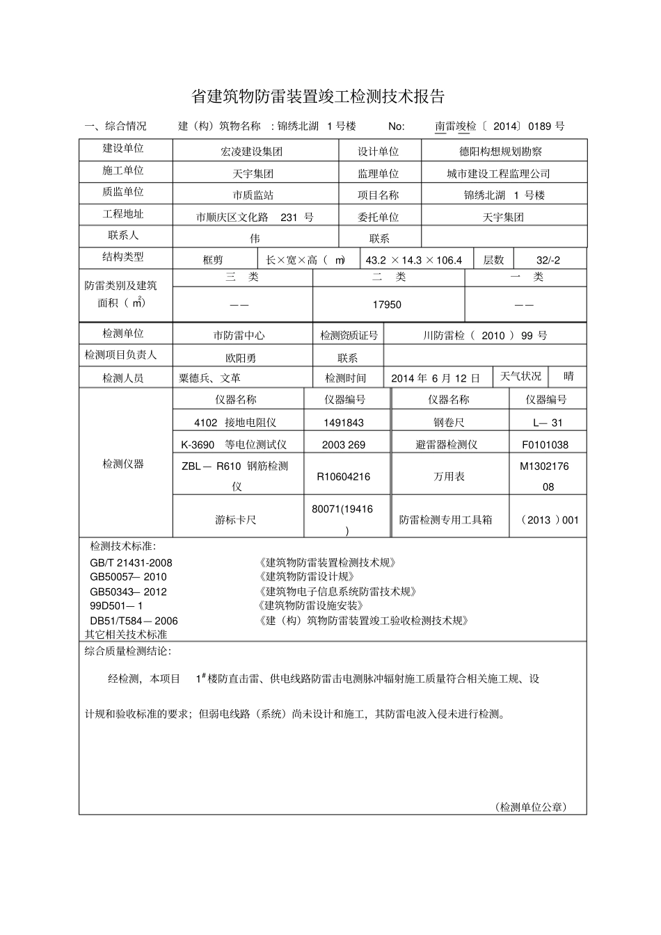 四川建筑物防雷装置竣工检测技术报告2014年修订后编制样本_第1页
