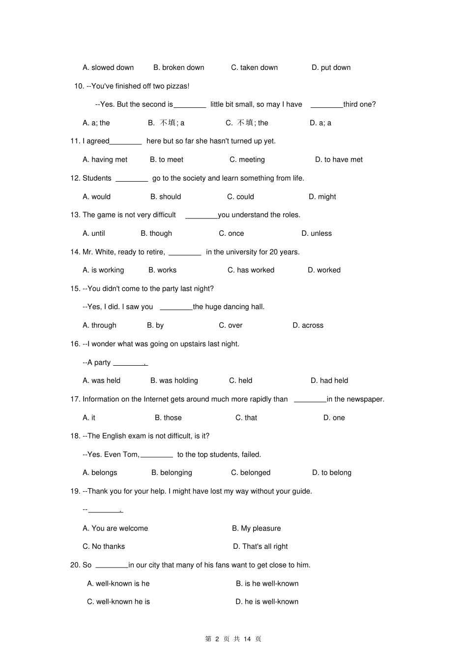 四川泸州2010届高三第1次教学质量诊断性考试英语_第2页