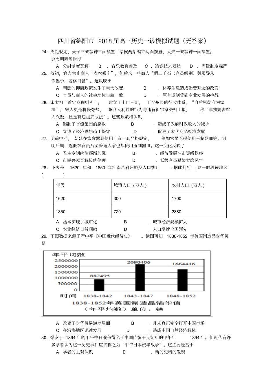 四川绵阳2018届高三历史一诊模拟试题无答案_第1页