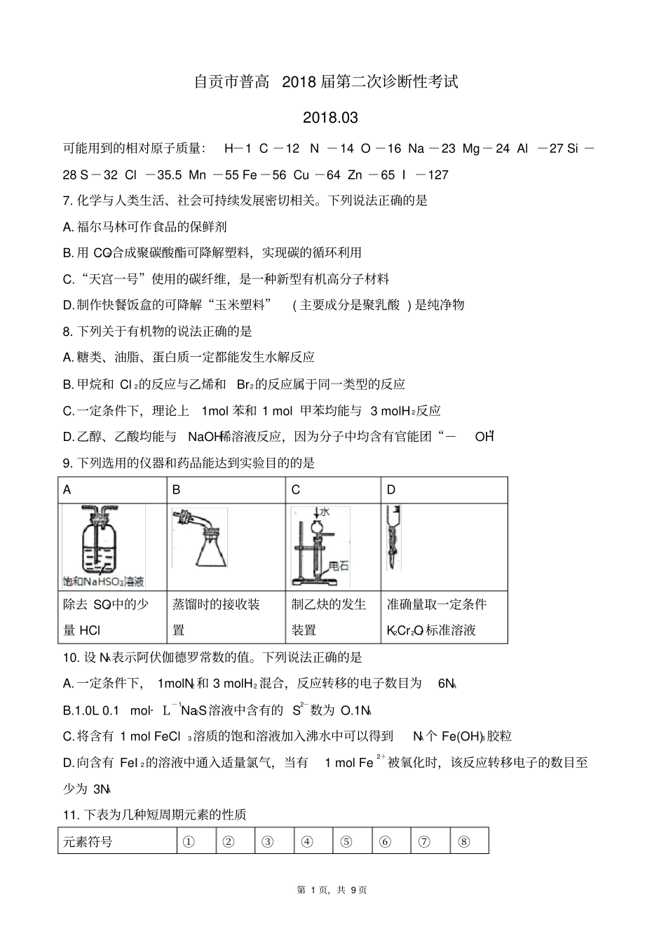 四川自贡高2018届第二次诊断性考试化学版zj_第1页