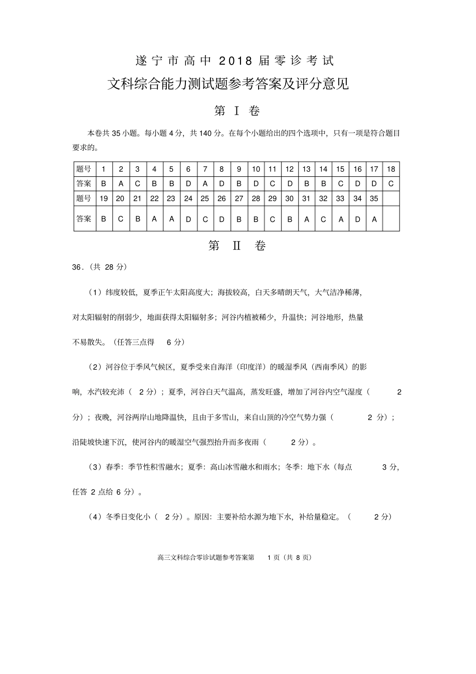 四川遂宁高中2018届零诊考试高三文综答案_第1页