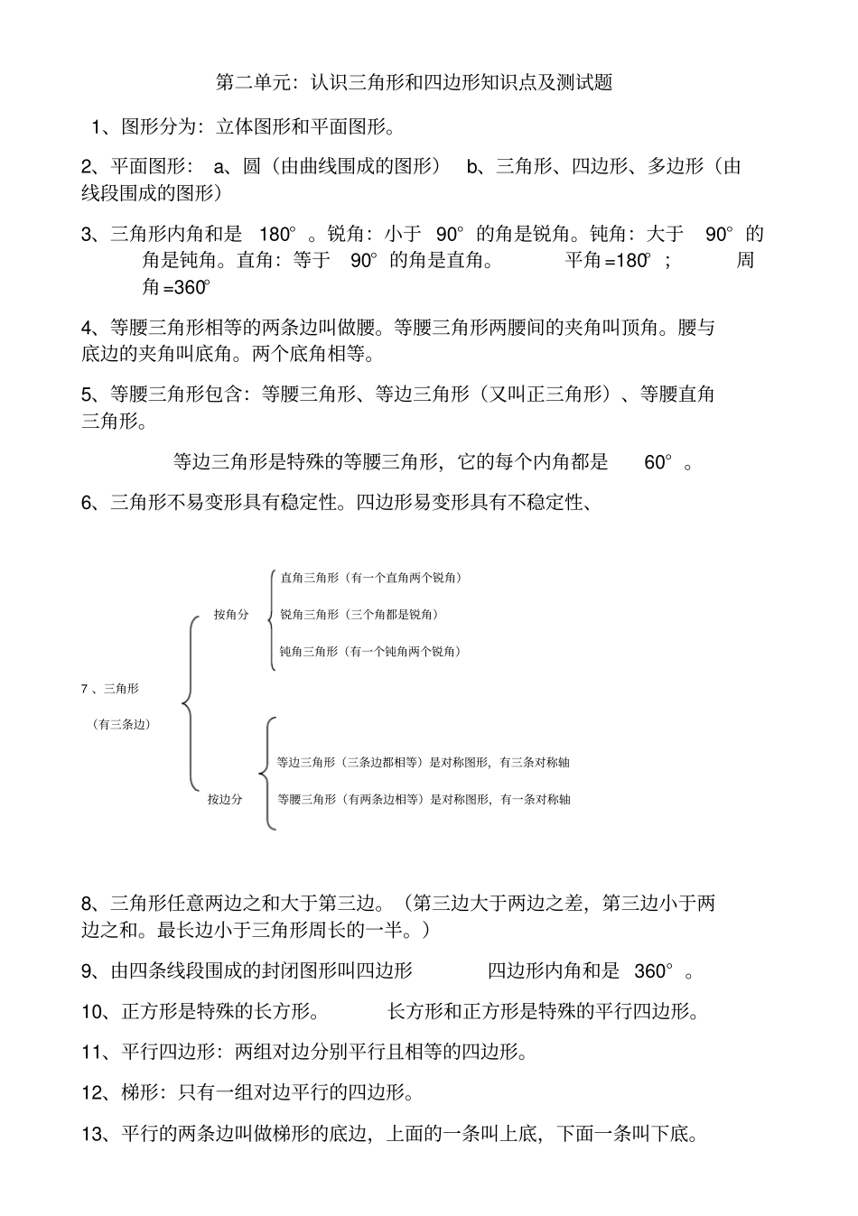 四年下册三角形和四边形知识点总结及练习题_第1页