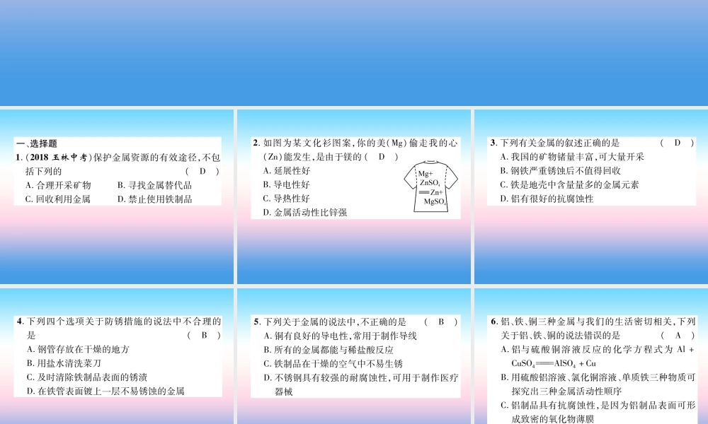 中考化学复习 第1编 教材知识梳理篇 第8单元 金属和金属材料 第2讲 金属资源的利用和保护(精练)课件