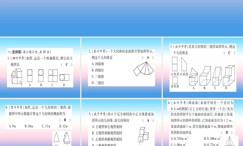 九年级数学下册 寒假作业(十一)投影与视图作业课件 (新版)湘教版 课件
