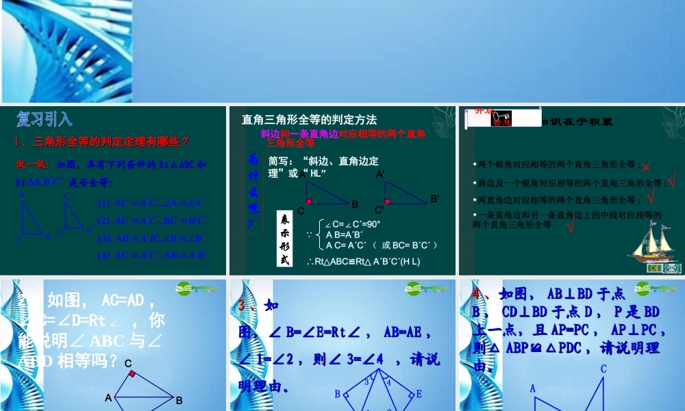八年级数学上册  2.7直角三角形的全等判定课件 浙教版 课件