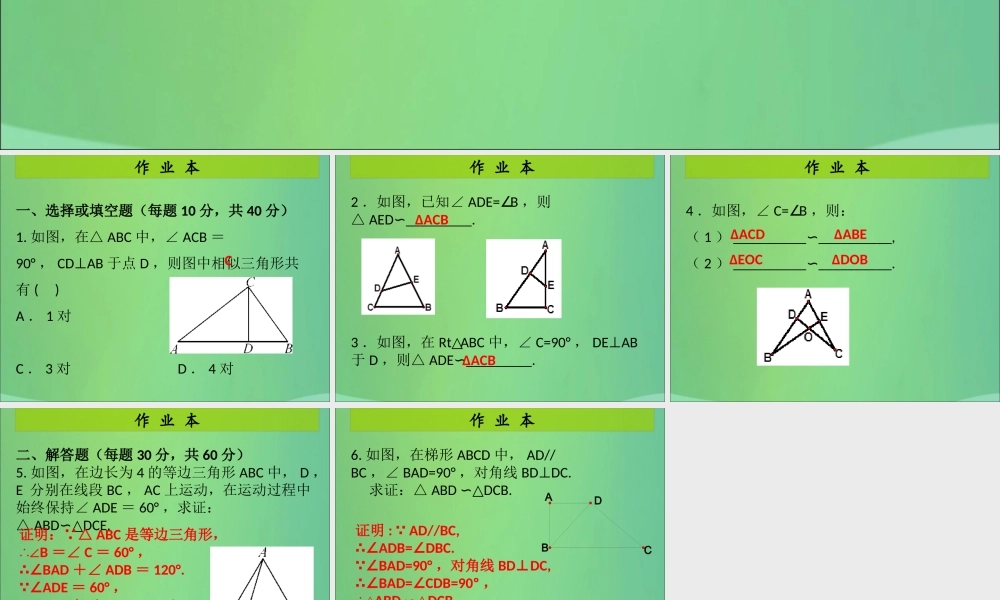 九年级数学上册 第4章 图形的相似 第5课时 探索三角形相似的条件(1)(课后作业)习题课件 (新版)北师大版 课件
