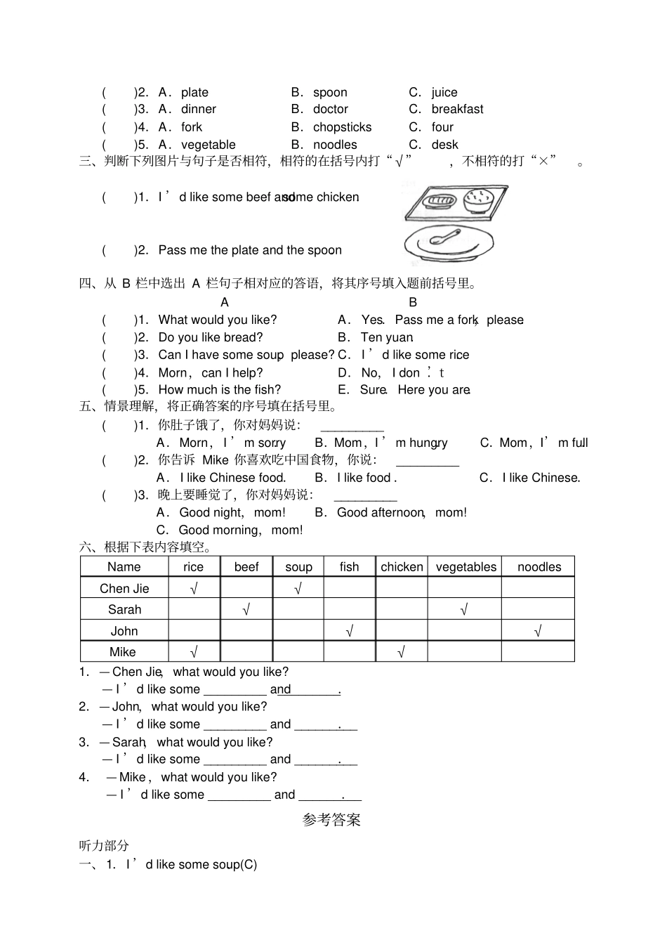 四年级上册英语试题-Unit5人教PEP2014秋含答案_第2页