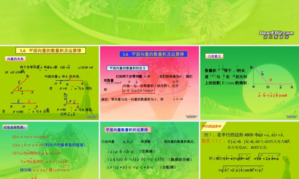 人教版湖州五中平面向量的数量积及运算律 课件