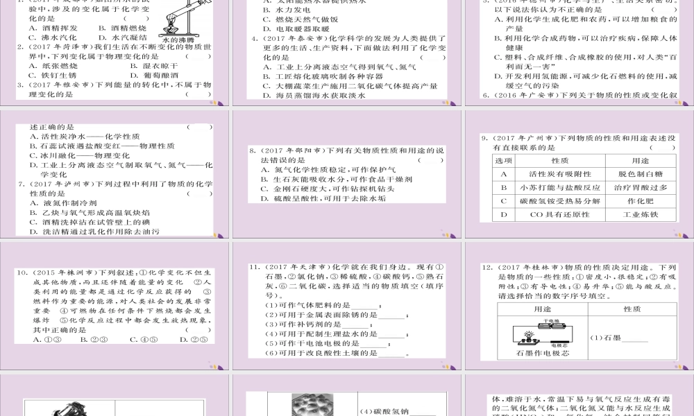 中考化学总复习 第一轮复习 系统梳理 夯基固本 第1讲 绪言 物质的变化和性质练习课件