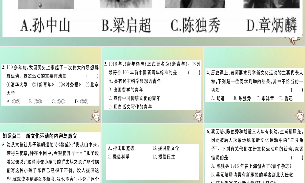 八年级历史上册 第四单元 新民主主义革命的开始 第12课 新文化运动(基础达标能力提升素养闯关)习题课件 新人教版 课件