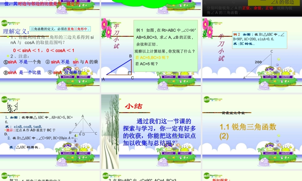 九年级数学下册 11锐角三角函数课件(一) 浙教版 课件