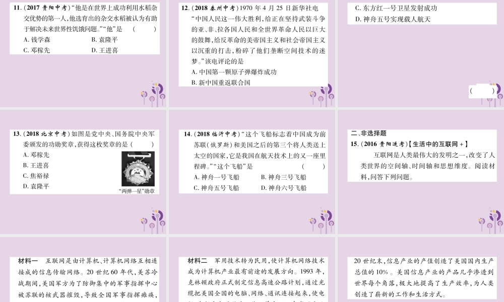 中考历史总复习 第二编 热点专题速查篇 专题4 中国现代科技发展与三次科技革命(精练)课件