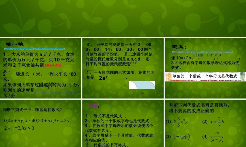 中学七年级数学上册 4.2 代数式课件 (新版)浙教版 课件